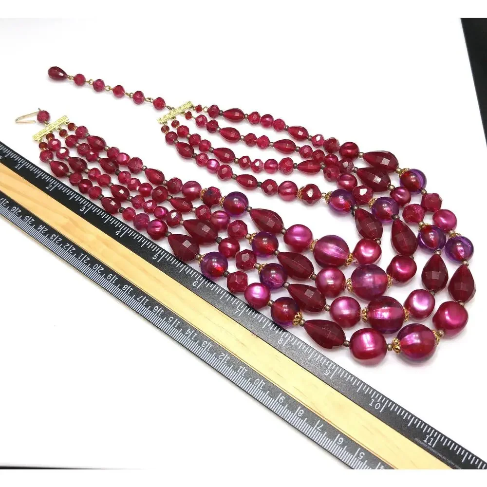West Germany Thermoset Red Beaded Necklace 4 Strand 1950s Vintage Jewelry